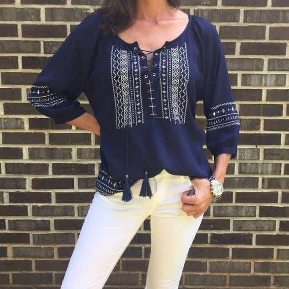Navy Lace-up Embroidered Peasant Top - Picture 2 of 5